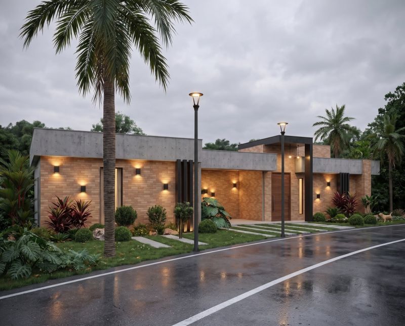 Casa Térrea com Tijolo Aparente, Concreto e Iluminação Cênica